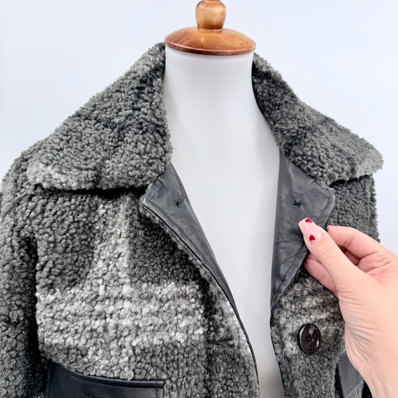 NVLT Plaid Faux Leather Trim Berber Sherpa Teddy Shacket Coat NWOT - Picture 12 of 12